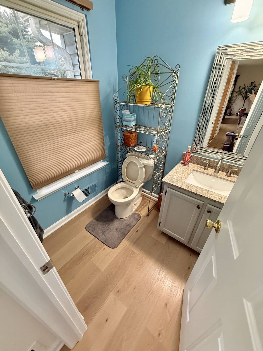 Freshly cleaned powder room with a blue accent wall
