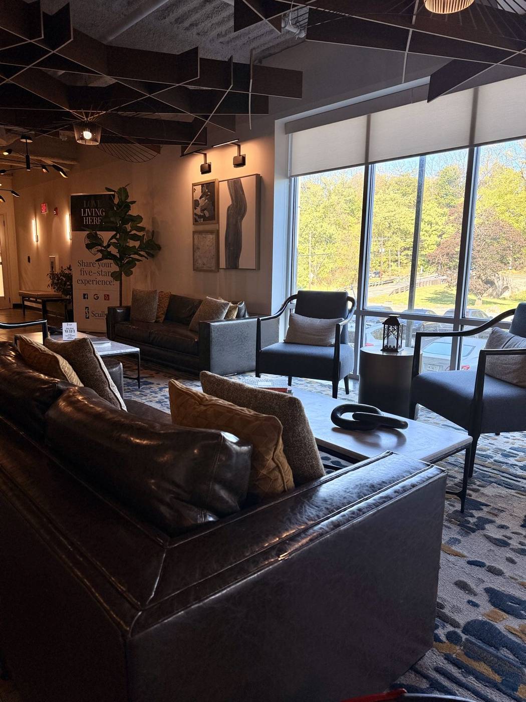Clean commercial lounge with leather seating